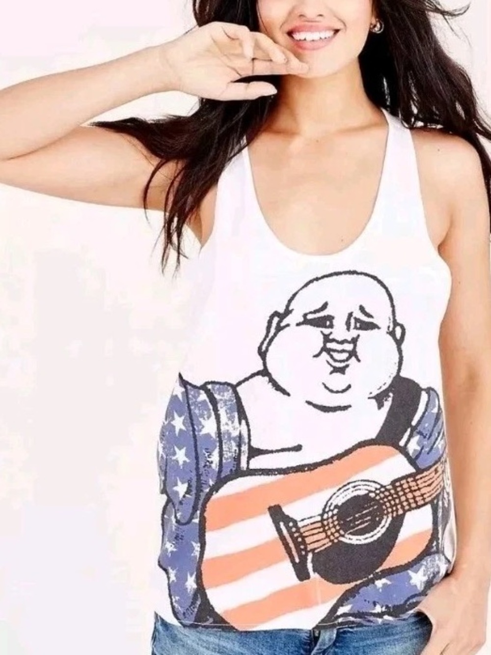 True Religion Buddha Playing Guitar USA Flag Racerback Tank Top White